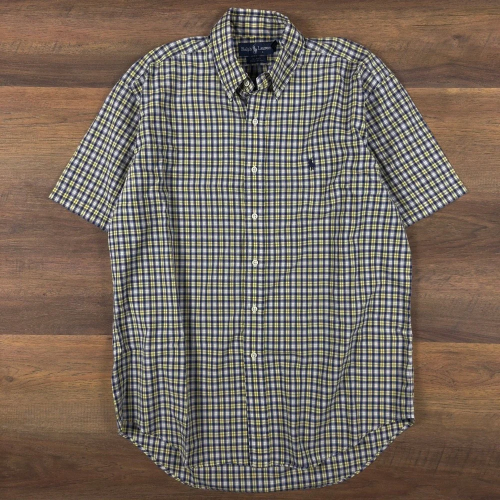 Ralph Lauren Blake Mens Medium Plaid Button Down Shirt Short Sleeve Navy Yellow